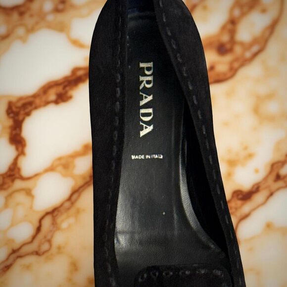 Vintage Prada Black Suede Kitten Heel Bow Detail Slip On Loafer Size 37 US 7 - Picture 12 of 13